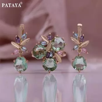 PATAYA Светло-зеленый набор из искусственного циркона с подкладкой из цветного конского глаза в стиле «конский глаз»