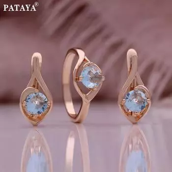 PATAYA розовое золото цвет инкрустированный светло-голубой 6 мм искусственный циркон женский комплект из колец и серег 7 светло-синий