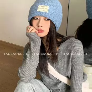 Patch cloth wool hat women s 24 new autumn and winter cute warm ear protection knitted hat showing face small cold hat One Size синий