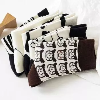 Patchwork Girls Jacquard Socks Dog Mid Tube Socks Fashion Cartoon Socks Women Lady 5Pairs