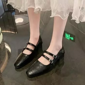 Patent Leather Mary Janes Shoes 2024 Summer New Fashion Square Toe Women s Pumps Comfortable Chunky Heel Ladies Single Shoes 35 чёрный