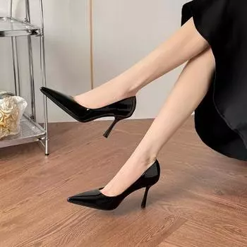 Patent leather nude high heels women are not tired, light mouth pointed single shoes women s thin heel solid color professional work shoes 34
