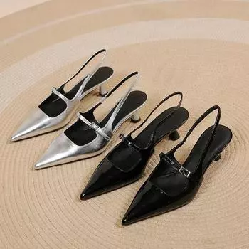 Лакированная кожа Острый носок Средний каблук Пряжка-пин Задний вырез Женские сандалии-слипоны Однотонные Туфли для женщин 35