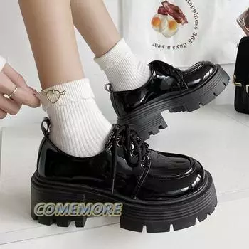 Лакированные кожаные лоферы на платформе из искусственной кожи, женские 2024 года, элегантные туфли-оксфорды на шнуровке, женские, черные, на толстой подошве, женская весенняя обувь 35