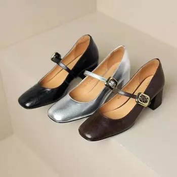 Patent Leather Pumps Women Black Retro Mid Heel High Heels French shallow square heel Mary Jane Shoes Women s single Shoes 4.5 чёрный