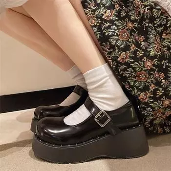 Patent Leather Thick Heeled Mary Jane Shoes Women Chunky Platform High Heels women s Sweet Buckle Strap Round Toe single shoes 4.5