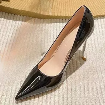 Patent Leather Women s High Heels New 2024 Spring/autumn Korean Style Versatile Pointed Toe Professional Shoes Nude Color 34 чёрный