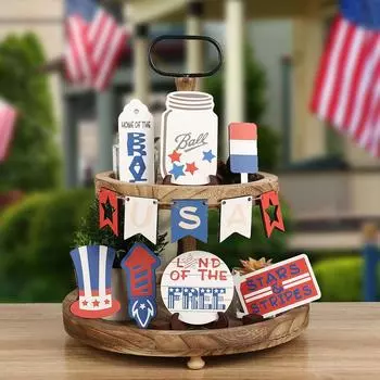 Patriotic Tiered Tray Decor, Independence Day Wooden Sign Decor, American Flag Garland Table Centerpiece, Memorial Day Decor One Size