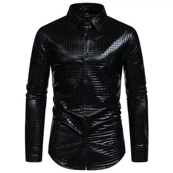 Pattern Long Grid Sleeved Shirt Men Standing Collar Clothing Fashion Banquet S