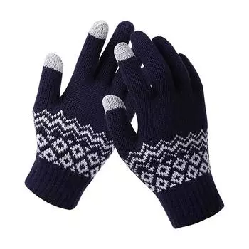 Patterned Knitted Gloves Winter Spring Touch Screen Warm Thickened Wool Knitting Business Phone Game Male Ski Cycling Mittens One Size тёмно-синий