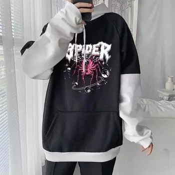 Паук в американском стиле с графическим принтом и капюшоном для мужчин и женщин в стиле пэчворк, толстовки больших размеров, пуловер унисекс в стиле хип-хоп XS чёрный/белый