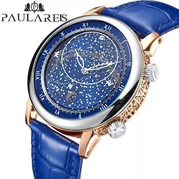 PAULAREIS Автоматические механические кожаные часы с вращающейся звездой из розового золота для мужчин
