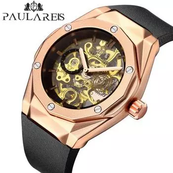 PAULAREIS Автоматические механические мужские часы с полой лентой из розового золота золотой