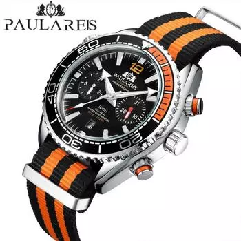 PAULAREIS Полностью автоматические механические светящиеся холщовые многофункциональные мужские часы с резиновым ремнем