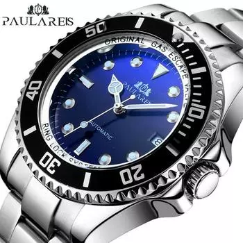 Paulareis Полностью автоматические механические светящиеся однотонные стальные браслеты, синие, красные и зеленые мужские часы с лапшой, автоматические часы