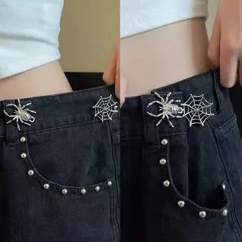 Паутина Джинсы Fit Tighten Buckles Пряжка на талии Джинсовые пуговицы для свободных джинсов Джинсы чёрный