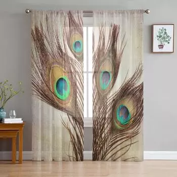 Павлиньи перья Винтажные занавески на окна Тюль для гостиной, спальни, кухни, украшения для окон, шторы W135 x H114cm