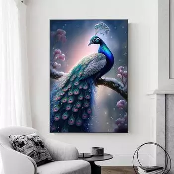 Павлин на ветке цветка картина на холсте с изображением животного настенный художественный постер красочная картина для гостиной домашний декор Cuadros 21x30cm No Framed