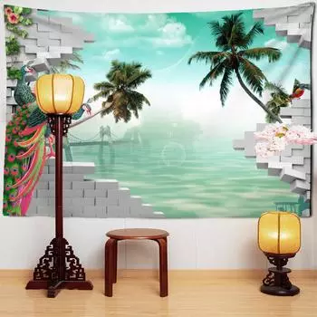 Павлин океанский пейзаж гобелен настенный богемный эстетичный номер хиппи гостиная домашний декор фон 95x70cm