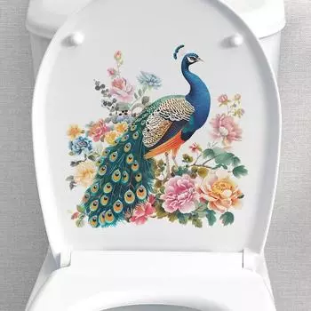 Павлин, пион, цветок, стикер для унитаза, съемный самоклеящийся, водостойкий, ПВХ, для гостиной, ванной комнаты, настенное искусство, украшение для крышки унитаза с животным цветком peacock