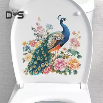 Павлин, пион, цветок, стикер для унитаза, съемный самоклеящийся, водостойкий, ПВХ, для гостиной, ванной комнаты, настенное искусство, украшение для крышки унитаза с животным цветком peacock