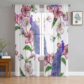 Павлин Сакура цветочные прозрачные оконные шторы для гостиной спальни современная вуаль тюлевые шторы тканевые шторы для кухни 135W x 114H(cm)