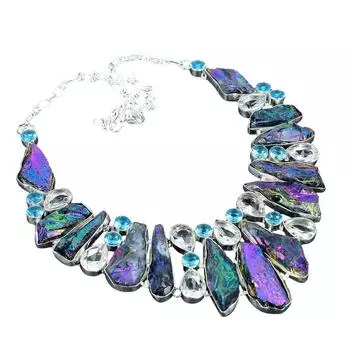 Павлин титановый аура друзы, голубой топаз драгоценный камень ручная работа 925 стерлингового серебра ювелирное ожерелье драгоценный камень натуральный аура друзы серебряное ожерелье 18 фиолетовый
