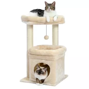 PAWZ Дорожная башня для кошек Мини-башня для кошек Маленькая низкая маленькая стационарная популярная когтеточка Точилка для ногтей Шпагат игрушка для кошек Компактная экономящая место Прочный безопасный бежевый