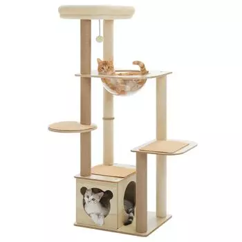 PAWZ Road Cat Space Cat Многослойный деревянный прозрачный наблюдательный когтевый заточка для пожилых людей Легко снять недостаток упражнений 135 см башня, деревянный, космический корабль, тонкий, бежевый