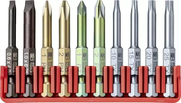 PB SWISS TOOLS 10 Piece Set E6 Bit Series Stepped Bit Set with Bit Holder 1/4HEX (Minus/Plus/Pozidrive/Hexlobe) E6.702CN