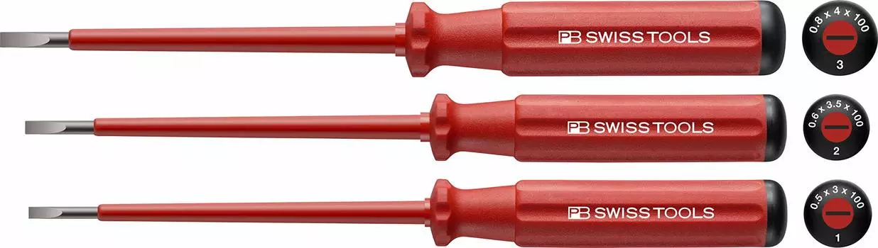 PB SWISS TOOLS 3 Piece Swiss Grip Classic Handle Type Insulated Flathead Screwdriver Set 5539 0.4x2.5 0.5x3 0.6x3.5 0.8x4 1x5.5mm