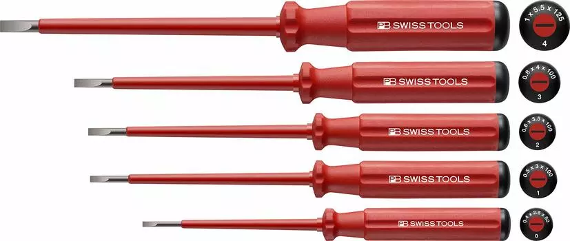 PB SWISS TOOLS 5 Piece Swiss Grip Classic Handle Type Insulated Flathead Screwdriver Set 5538 0.4x2.5, 0.5x3, 0.6x3.5, 0.8x4, 1x5.5mm