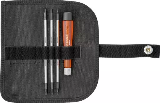 PB SWISS TOOLS Replaceable precision screwdriver set with 3 blades and case handle, roll-up included, plus/minus #00, #0, #1 510.CBB