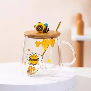 Пчела мультфильм стеклянная ложка чашка молока чашка для завтрака кофейные кружки бесплатная доставка прозрачные стеклянные чашки красивые чашки для чая подарок паре 400ml