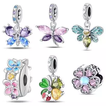 Пчела Стрекоза Бабочка Клевер Циркон Кулон Diy Ювелирный Браслет Медное Покрытие Серебряный Кулон Бусины