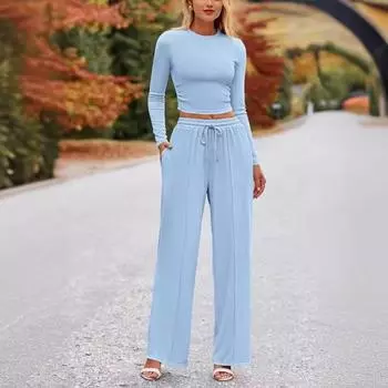 Шт./Комплект Женский Топ Брюки Костюм Круглый Вырез Длинные Рукава Slim Fit Топ Высокий S хаки