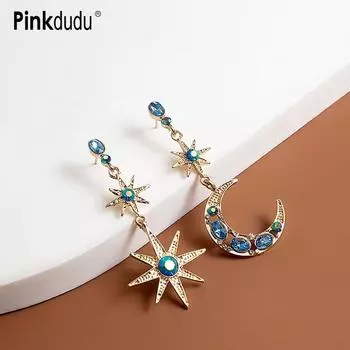 PD1364 Pinkdudu модные асимметричные серьги-капли со звездой и луной, романтические креативные синие серьги со стразами для женщин, ювелирные изделия PD1364 синий