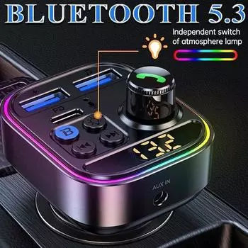 PD30W Автомобильное быстрое зарядное устройство USB и Type-C, FM-передатчик Bluetooth5.3 для громкой связи с красочной атмосферной подсветкой