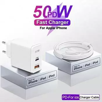 PD3.0 50 Вт USB-C сверхбыстрое зарядное устройство для Apple iPhone 11 13 12 Mini 14 Pro Max X XS XR 8 7 Plus кабель для зарядки Lightning Type C EU Plug белый