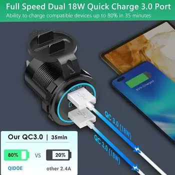 PD3.0 Dual QC 3.0 Car USB Charger Waterproof USB C Outlet Quick Charging 3.0 Power Socket with Switch for 12/24V Car Motorcycle