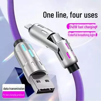 PD60W Fast Charging Liquid Silicone 4-in-1 Data Cable, Type-C, Compatible with Huawei & Apple, Dual Flash Charging. 1 meter