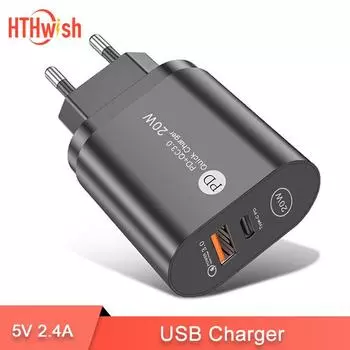 PD 12 Вт USB зарядное устройство для быстрой зарядки 3,0 тип C настенный адаптер для сотового телефона вилка европейского стандарта, США и Великобритании для iPhone 13 12 Pro iPad Huawei Xiaomi Samsung US-Black