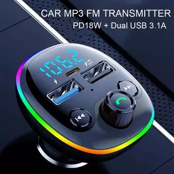 PD 18W Автомобильный Bluetooth 5.0 FM-передатчик Беспроводной аудиоприемник Двойное USB-зарядное устройство Радиомодулятор MP3-плеер Поддержка TF-карты с окружающим освещением
