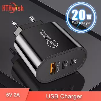 PD 20 Вт USB зарядное устройство 4 порта настенная зарядка 5V2A адаптер для телефона типа C для путешествий вилка ЕС и США для iPhone 14 13 Pro iPad Xiaomi Samsung EU-Black
