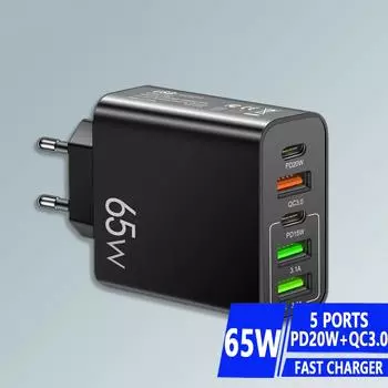 PD 20W USB быстрое зарядное устройство 5 портов всего 65W USB C зарядное устройство быстрая зарядка 3.0 телефонный адаптер для iPhone15Pro Samsung Xiaomi настенное зарядное устройство