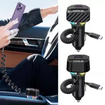 PD 30W быстрая зарядка автомобильное зарядное устройство Bluetooth с пружинным проводом атмосферная подсветка FM USB флеш-плеер #468743 C52 чёрный