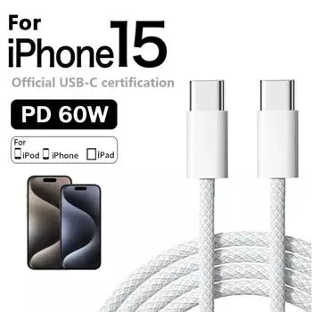 PD 60W USB C кабель для быстрой зарядки для iPhone 15 Pro Max Plus Samsung Xiaomi Huawei Type C на Type C кабель для быстрой зарядки в оплетке 1m