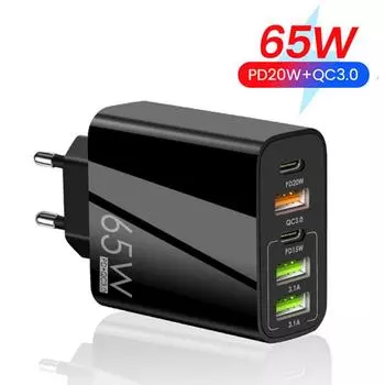 PD 65W Быстрое зарядное устройство для мобильного телефона USB 5-портовая подходящая зарядная головка EU plug белый