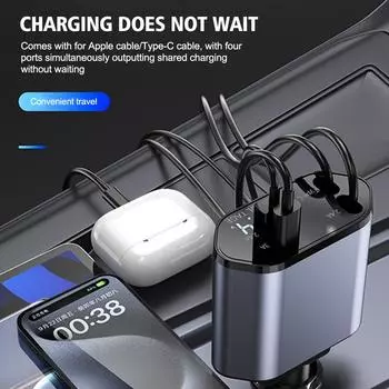 Pd Car Charger 120w Quick Charger With 2 Retractable Cables Type C Fast Car Charger Voltmeter 4 In 1 Power For Huawe E9r2