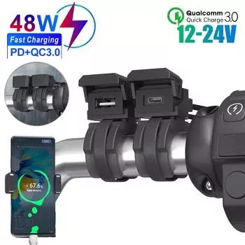PD QC3.0 Motorcycle USB Fast Cellular Charger Waterproof Type C Port Socket Connector 12/24V Handlebar Bracket Phone Charger